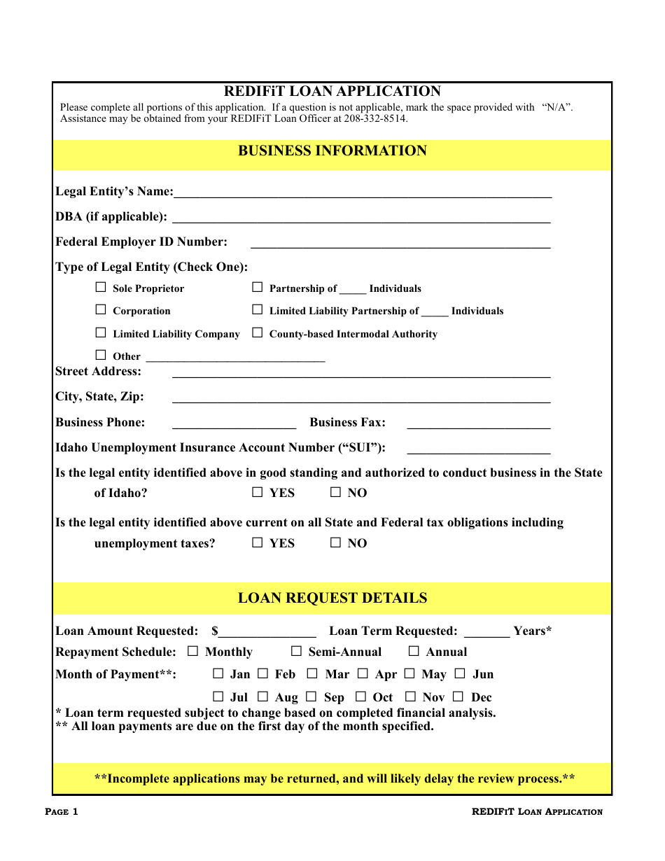 Idaho Rural Economic Development and Integrated Freight Transportation (Redifit) Grant Program Loan Application - Idaho, Page 2
