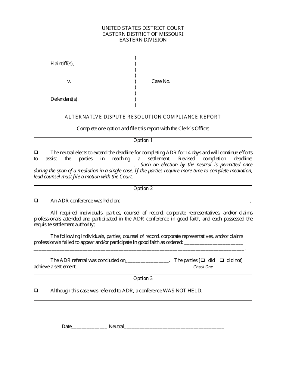 Form MOED-0027 Alternative Dispute Resolution Compliance Report - Missouri, Page 1