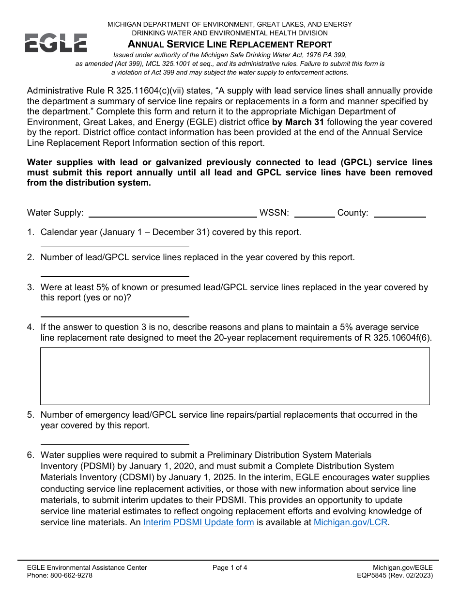 Form EQP5845 Annual Service Line Replacement Report - Michigan, Page 1