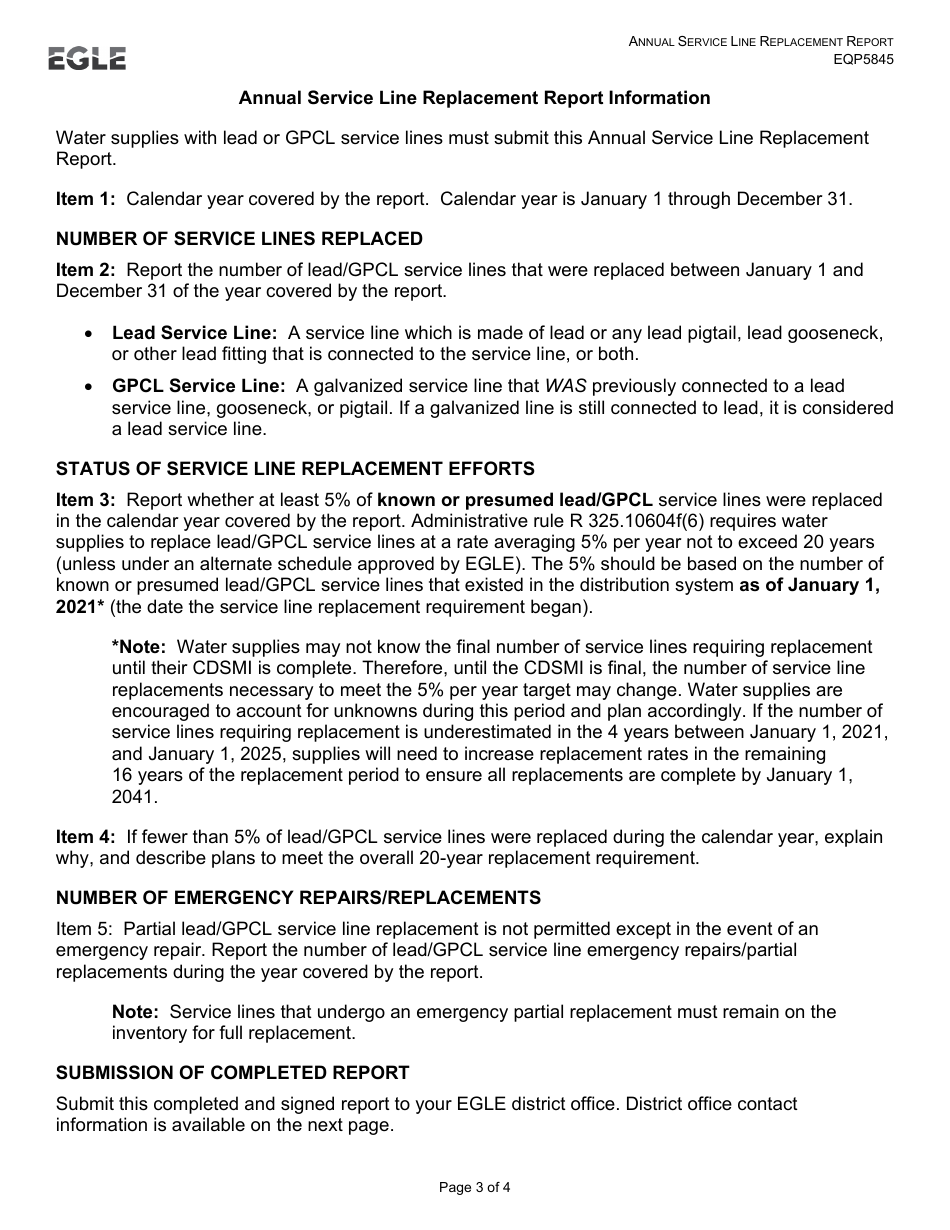 Form EQP5845 Annual Service Line Replacement Report - Michigan, Page 3
