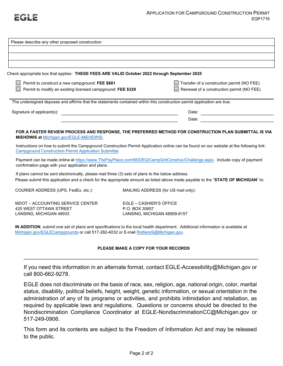 Form EQP1716 Application for Campground Construction Permit - Michigan, Page 2