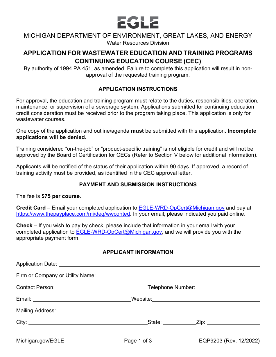Form EQP9203 Application for Wastewater Education and Training Programs Continuing Education Course (Cec) - Michigan, Page 1