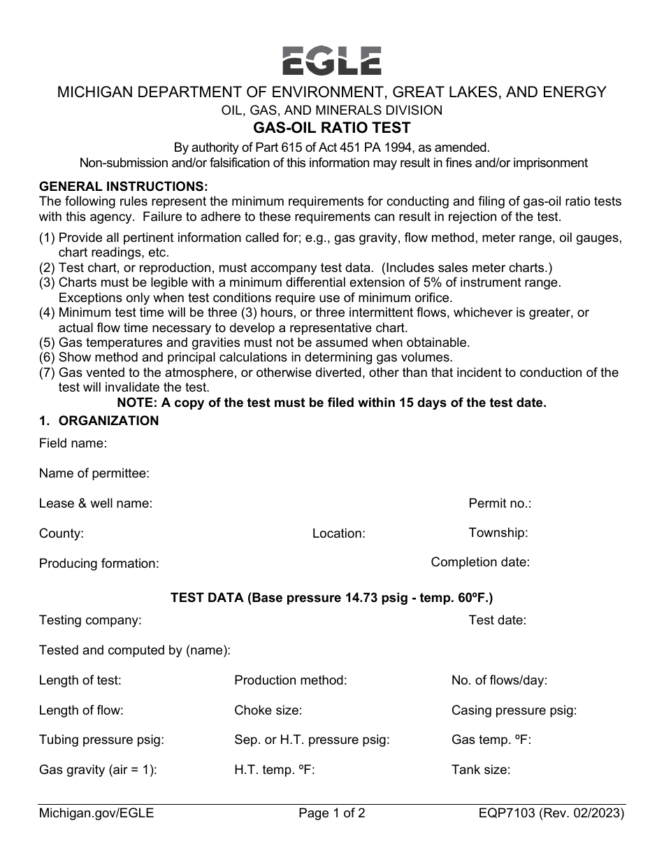 Form EQP7103 Gas-Oil Ratio Test - Michigan, Page 1