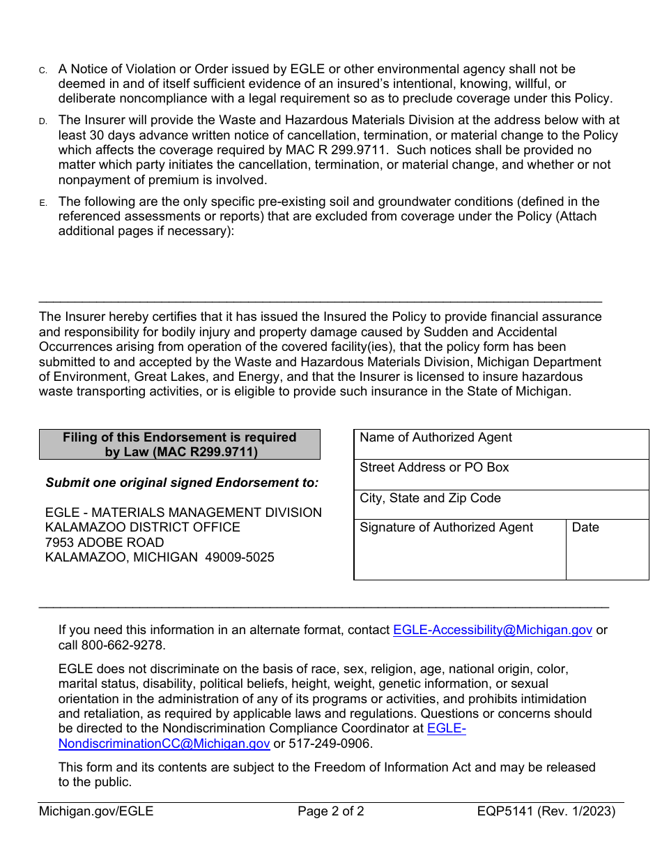 Form EQP5141 Hazardous Waste Transfer Facility Amendatory Endorsement Pollution Legal Liability - Sudden and Accidental - Michigan, Page 2
