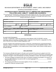 Form EQP5141B Hazardous Waste Transfer Facility Amendatory Endorsement Pollution Legal Liability - Sudden and Accidental - Michigan
