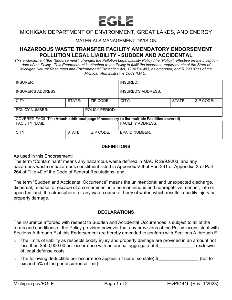 Form EQP5141B Hazardous Waste Transfer Facility Amendatory Endorsement Pollution Legal Liability - Sudden and Accidental - Michigan, Page 1
