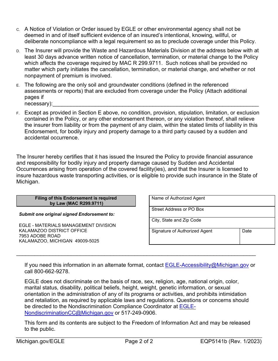Form EQP5141B Hazardous Waste Transfer Facility Amendatory Endorsement Pollution Legal Liability - Sudden and Accidental - Michigan, Page 2