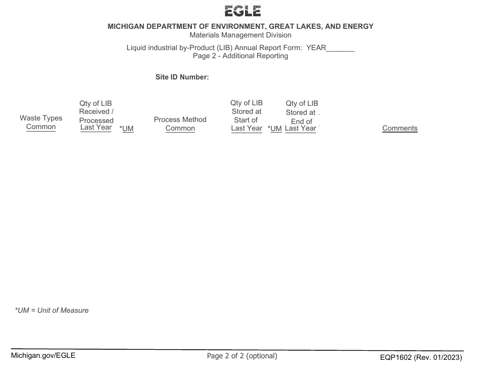 Form EQP1602 Liquid Industrial by-Product (Lib) Annual Report Form - Michigan, Page 2