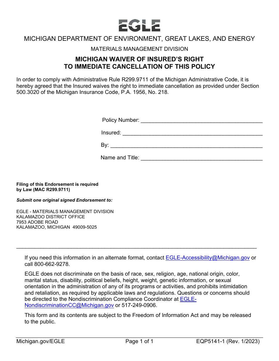 Form EQP5141-1 Michigan Waiver of Insureds Right to Immediate Cancellation of This Policy - Michigan, Page 1