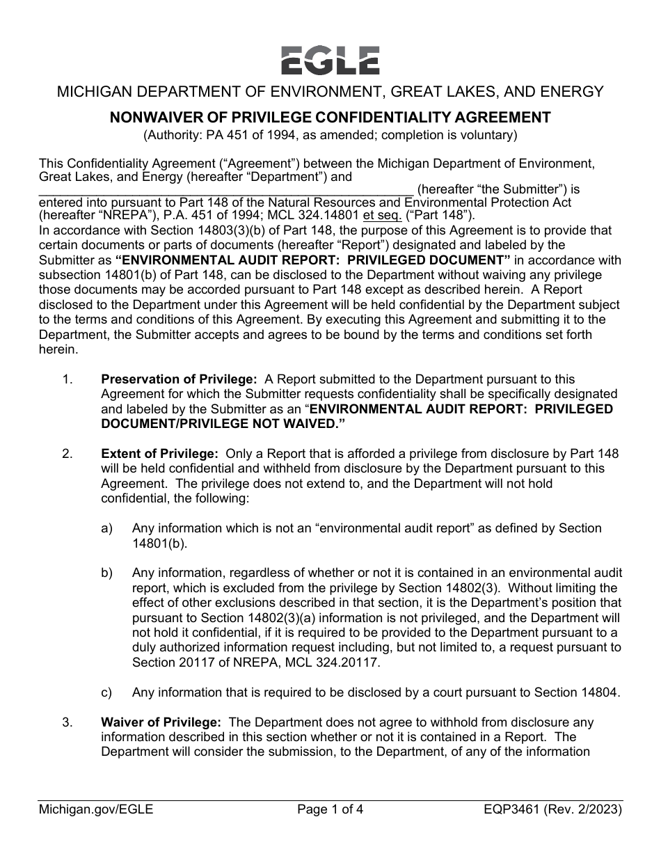Form EQP3461 Nonwaiver of Privilege Confidentiality Agreement - Michigan, Page 1