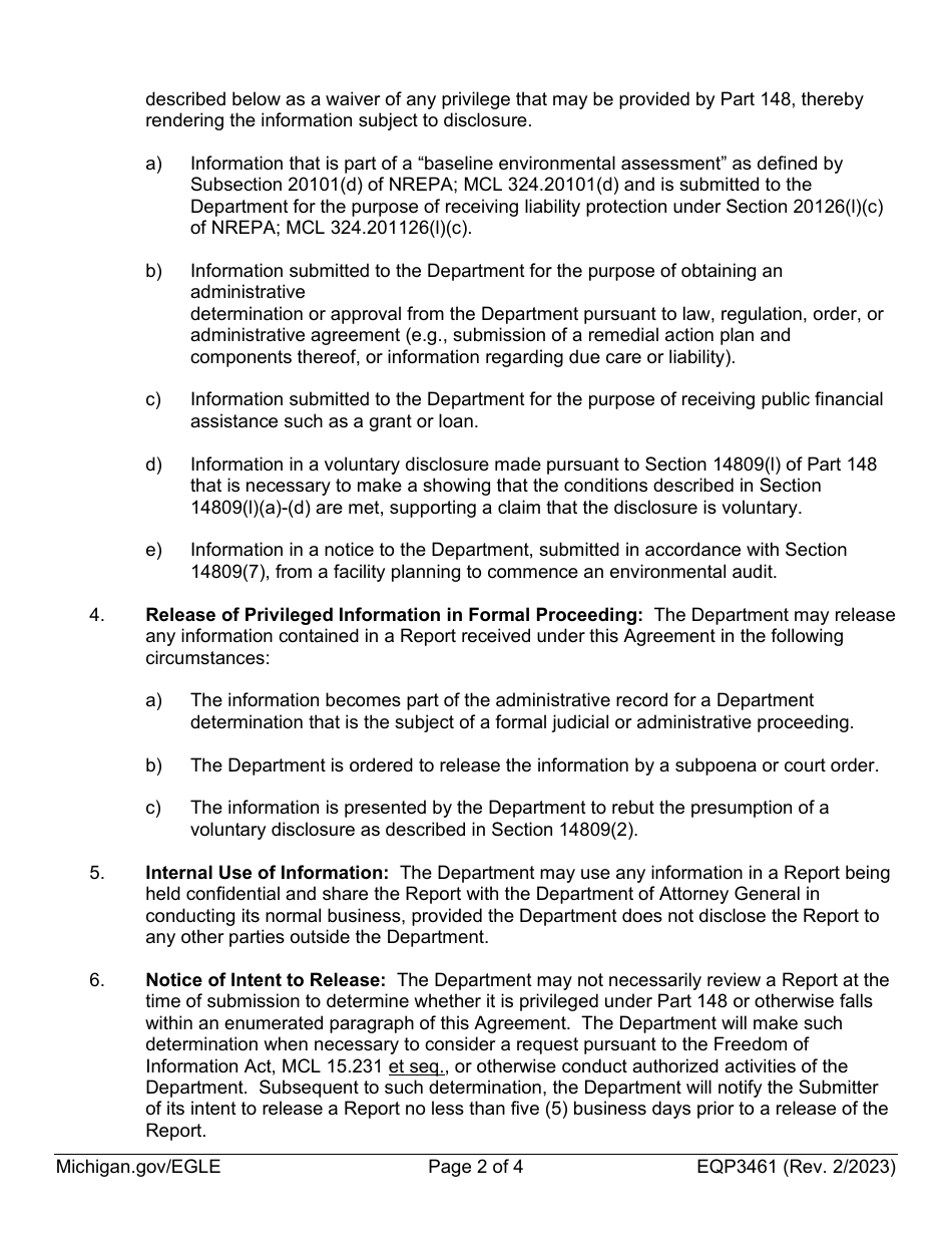 Form EQP3461 Nonwaiver of Privilege Confidentiality Agreement - Michigan, Page 2