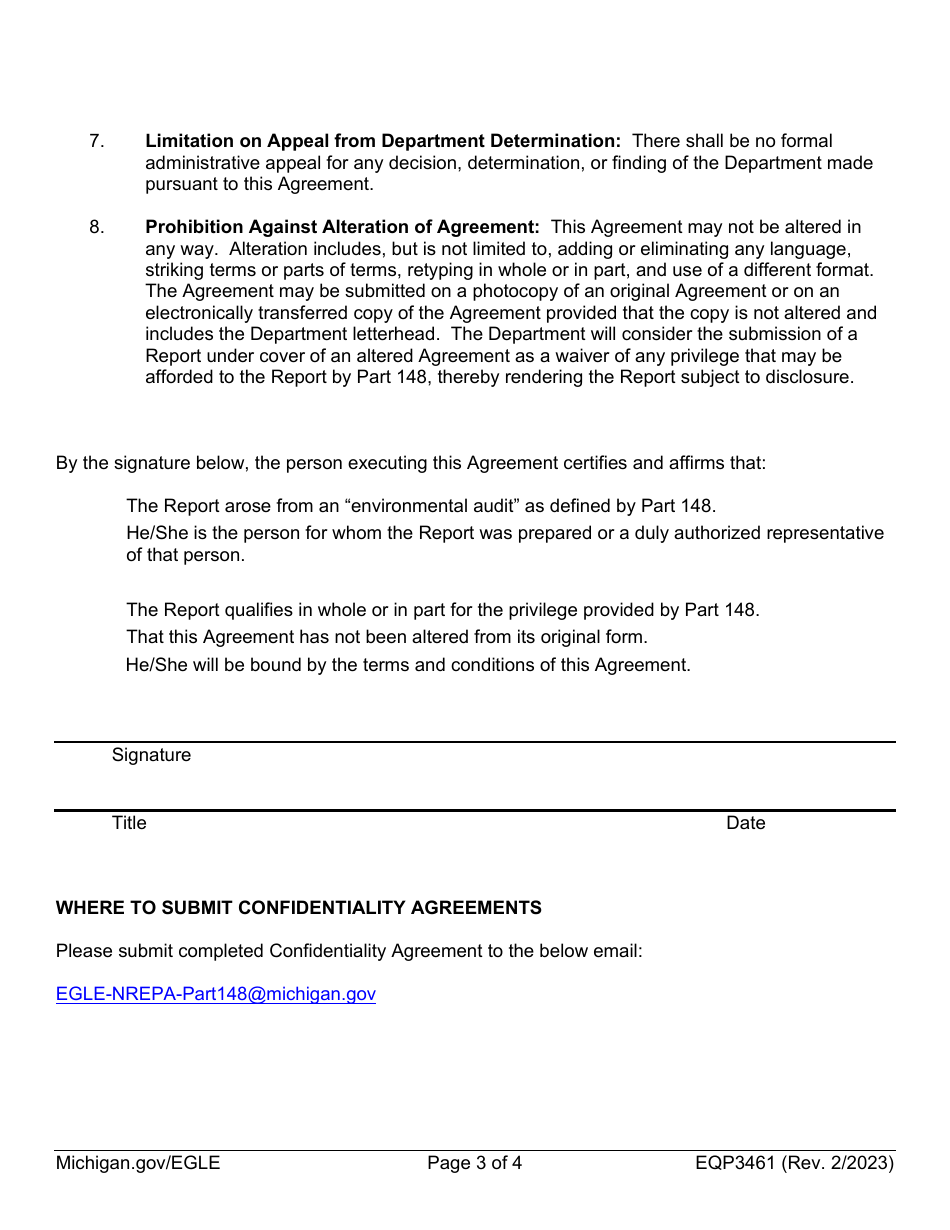 Form EQP3461 Nonwaiver of Privilege Confidentiality Agreement - Michigan, Page 3