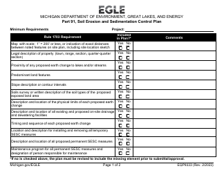 Document preview: Form EQP9333 Part 91, Soil Erosion and Sedimentation Control Plan - Michigan