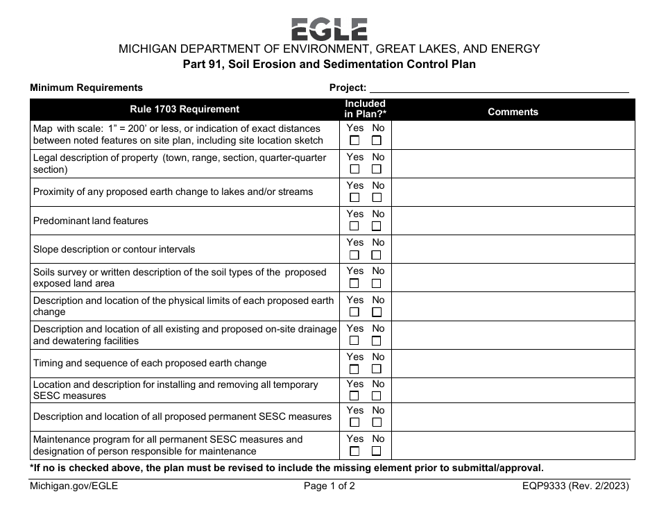 Form EQP9333 Part 91, Soil Erosion and Sedimentation Control Plan - Michigan, Page 1