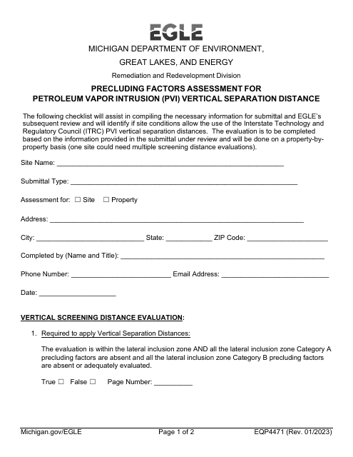 Form EQP4471 Precluding Factors Assessment for Petroleum Vapor Intrusion (Pvi) Vertical Separation Distance - Michigan