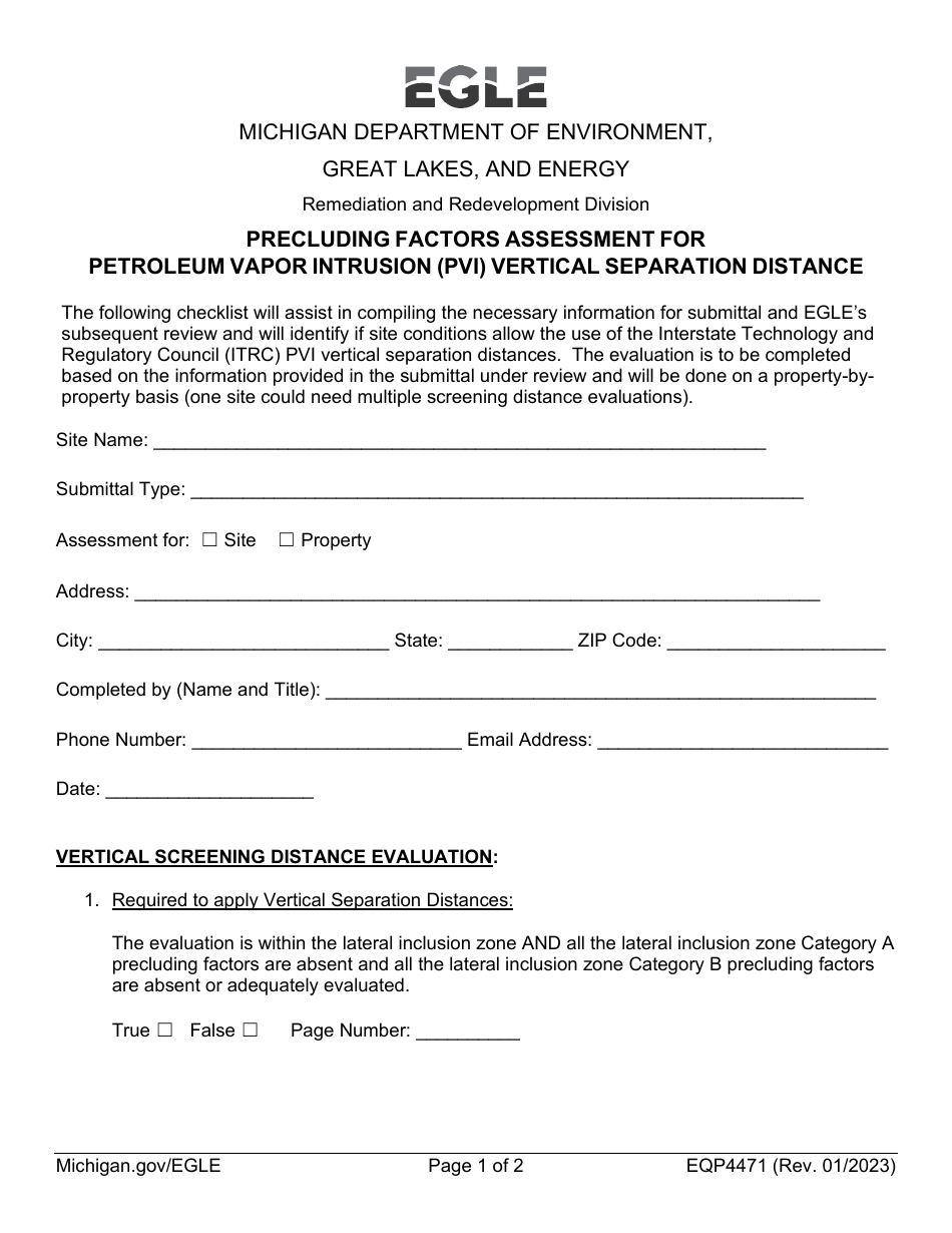 Form EQP4471 Precluding Factors Assessment for Petroleum Vapor Intrusion (Pvi) Vertical Separation Distance - Michigan, Page 1