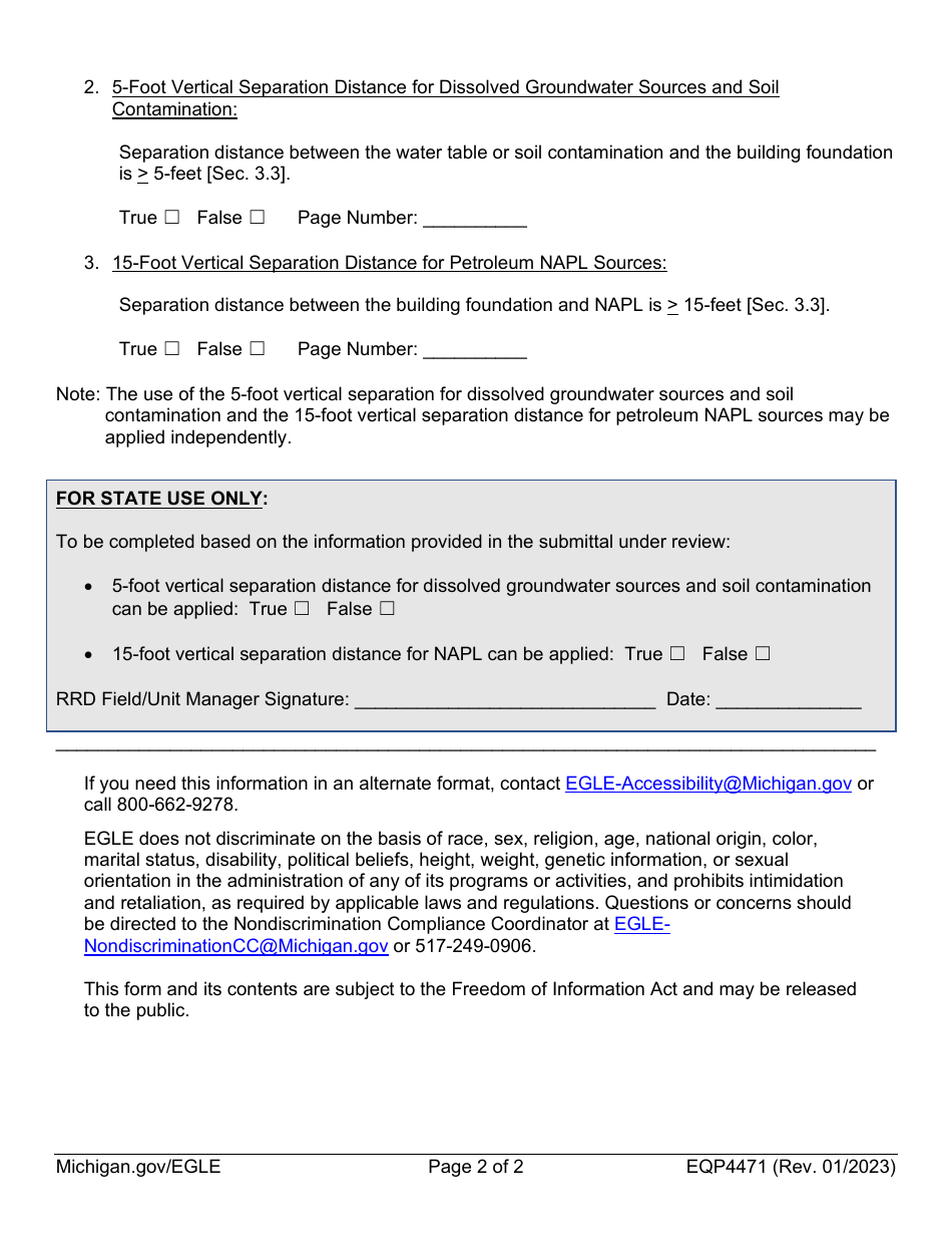 Form EQP4471 Precluding Factors Assessment for Petroleum Vapor Intrusion (Pvi) Vertical Separation Distance - Michigan, Page 2