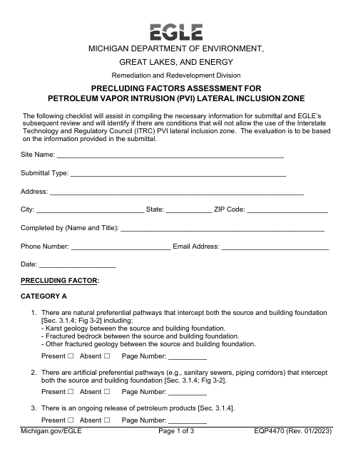 Form EQP4470 Precluding Factors Assessment for Petroleum Vapor Intrusion (Pvi) Lateral Inclusion Zone - Michigan