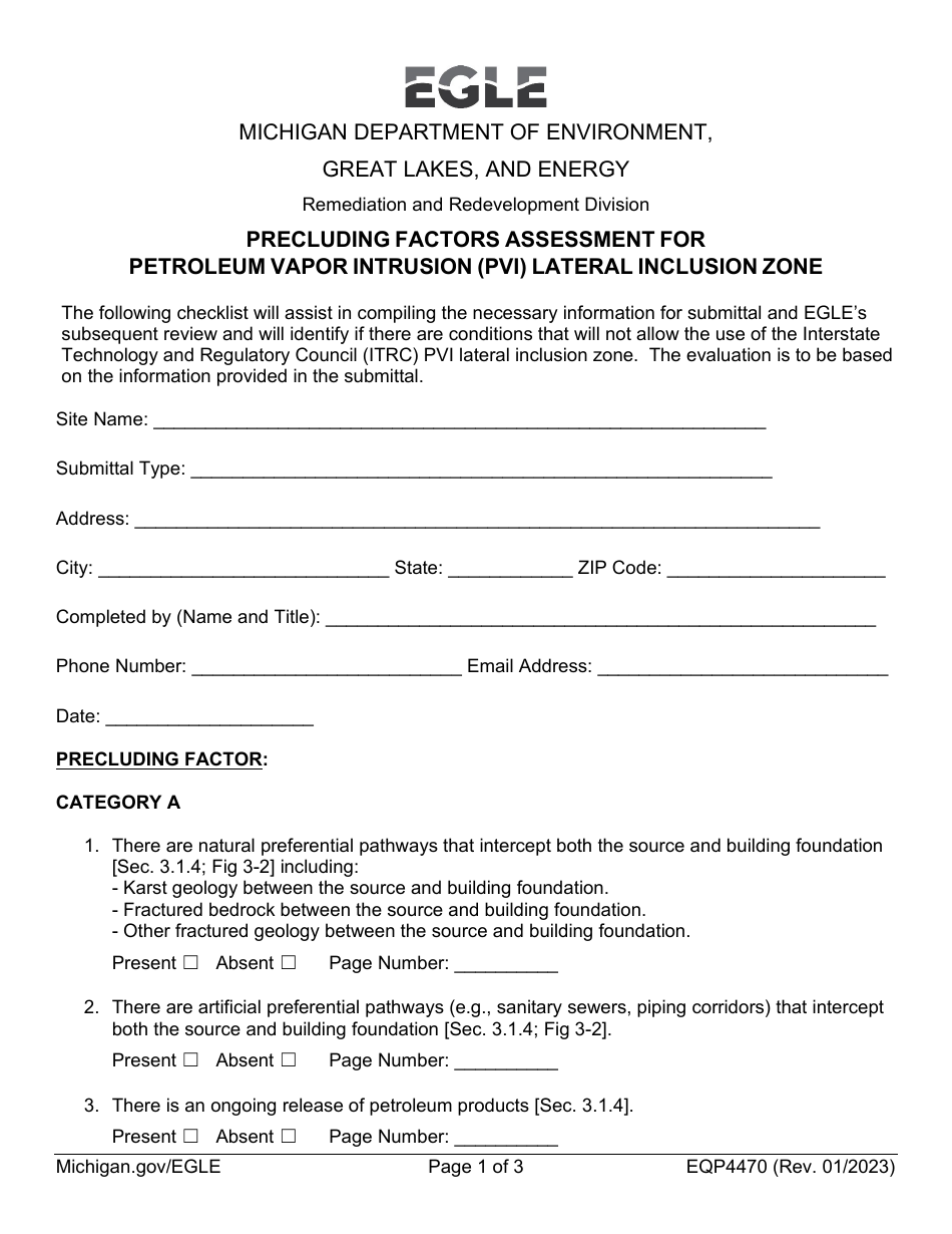 Form EQP4470 Precluding Factors Assessment for Petroleum Vapor Intrusion (Pvi) Lateral Inclusion Zone - Michigan, Page 1