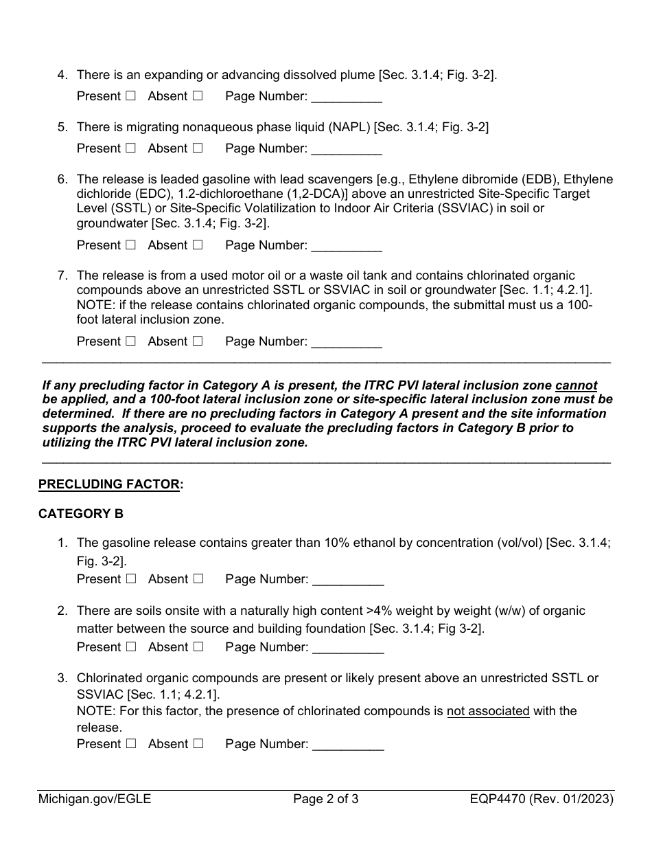 Form EQP4470 Precluding Factors Assessment for Petroleum Vapor Intrusion (Pvi) Lateral Inclusion Zone - Michigan, Page 2