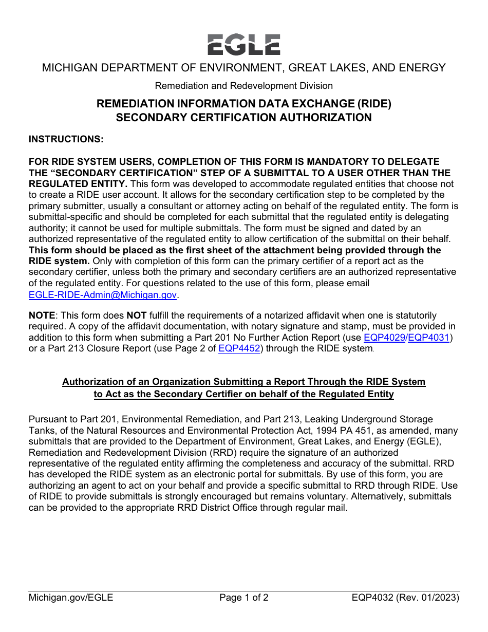 Form EQP4032 Remediation Information Data Exchange (Ride) Secondary Certification Authorization - Michigan, Page 1