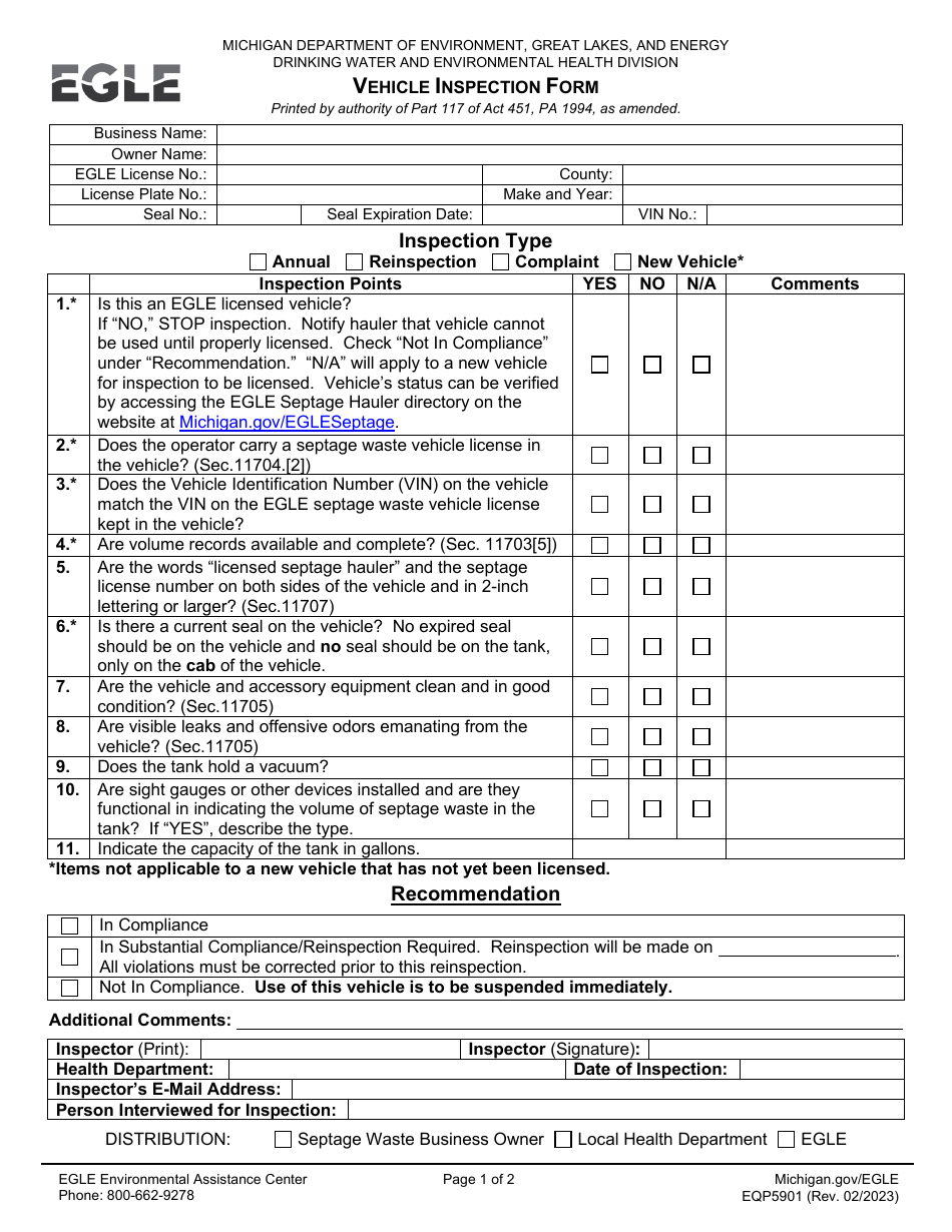 Form EQP5901 Vehicle Inspection Form - Michigan, Page 1