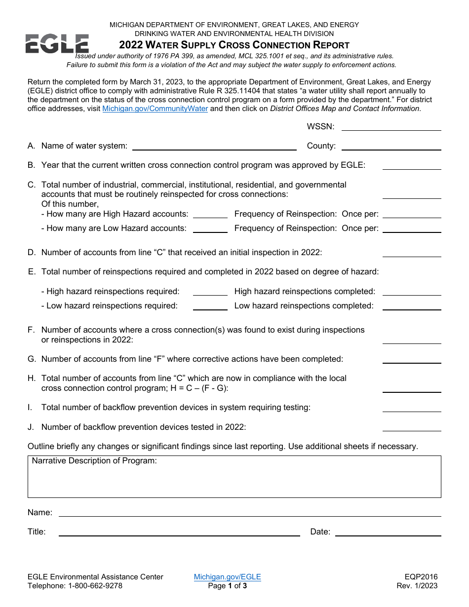 Form EQP2016 Water Supply Cross Connection Report - Michigan, Page 1