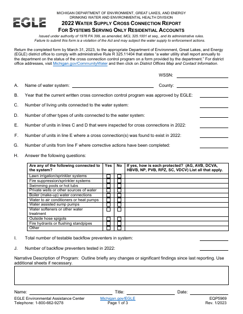 Form EQP5969 Water Supply Cross Connection Report for Systems Serving Only Residential Accounts - Michigan, 2022