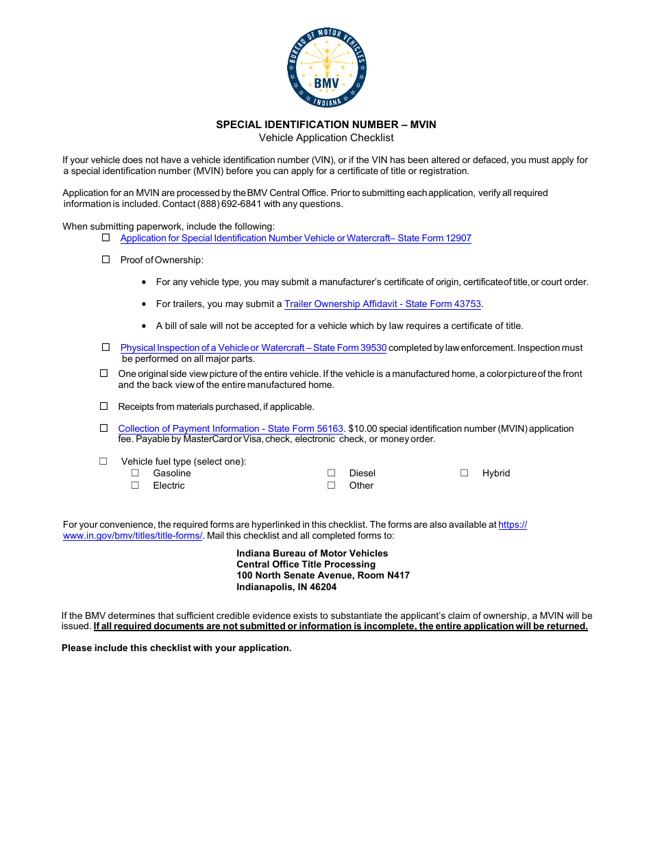 Special Identification Number - Mvin Vehicle Application Checklist - Indiana, Page 1