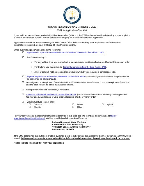 Special Identification Number - Mvin Vehicle Application Checklist - Indiana Download Pdf