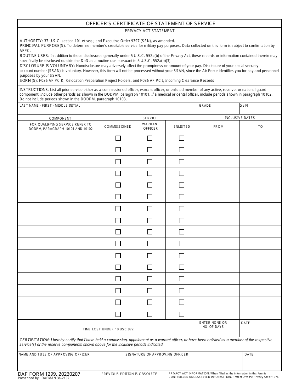 DA Form 1299 Officers Certificate of Statement of Service, Page 1