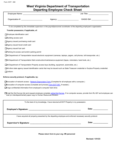 Form DOT-508 Departing Employee Check Sheet - West Virginia
