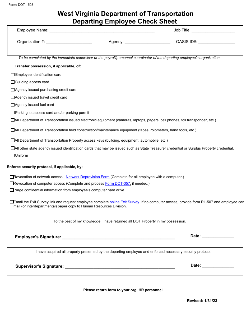 Form DOT-508 Departing Employee Check Sheet - West Virginia, Page 1