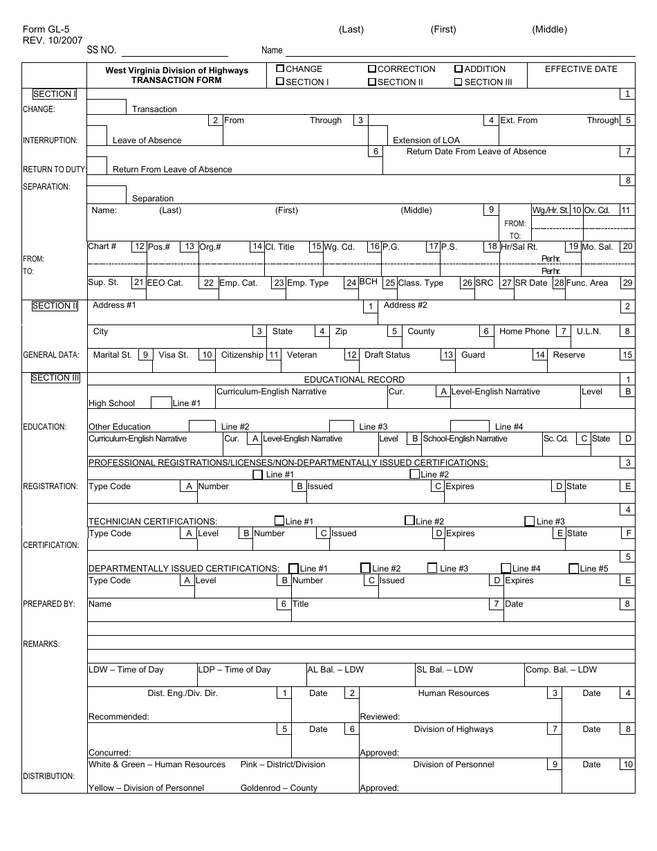 Form GL-5 Transaction Form - West Virginia, Page 1