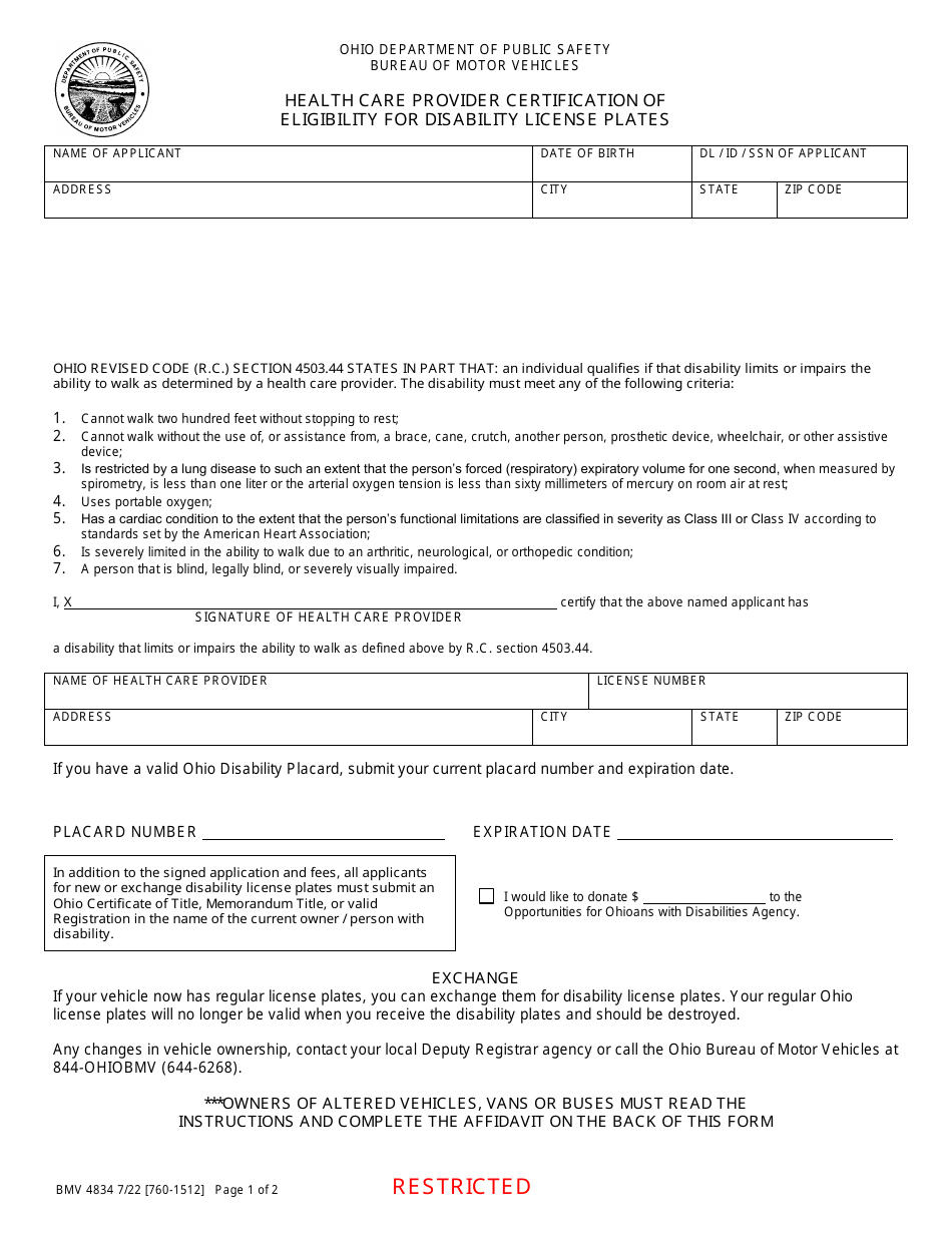 Form BMV4834 Health Care Provider Certification of Eligibility for Disability License Plates - Ohio, Page 1