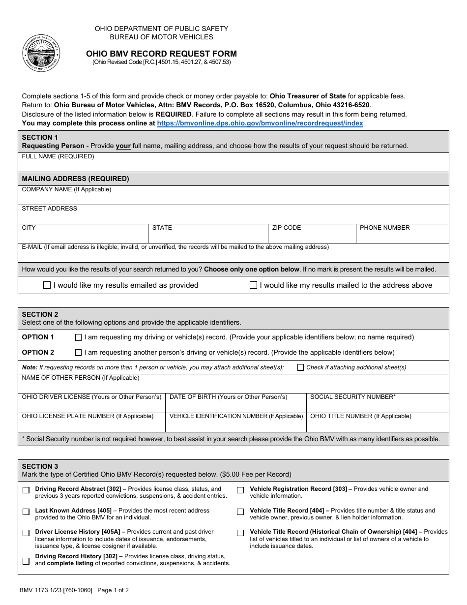 Form BMV1173 Ohio Bmv Record Request Form - Ohio, Page 1