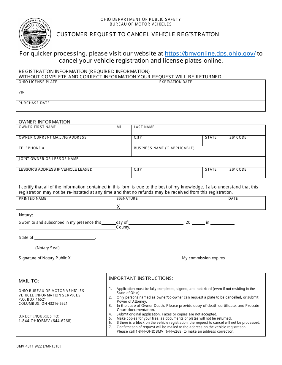Form BMV4311 Customer Request to Cancel Vehicle Registration - Ohio, Page 1