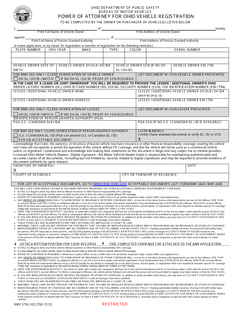 Form BMV5736 Power of Attorney for Ohio Vehicle Registration - Ohio, Page 1