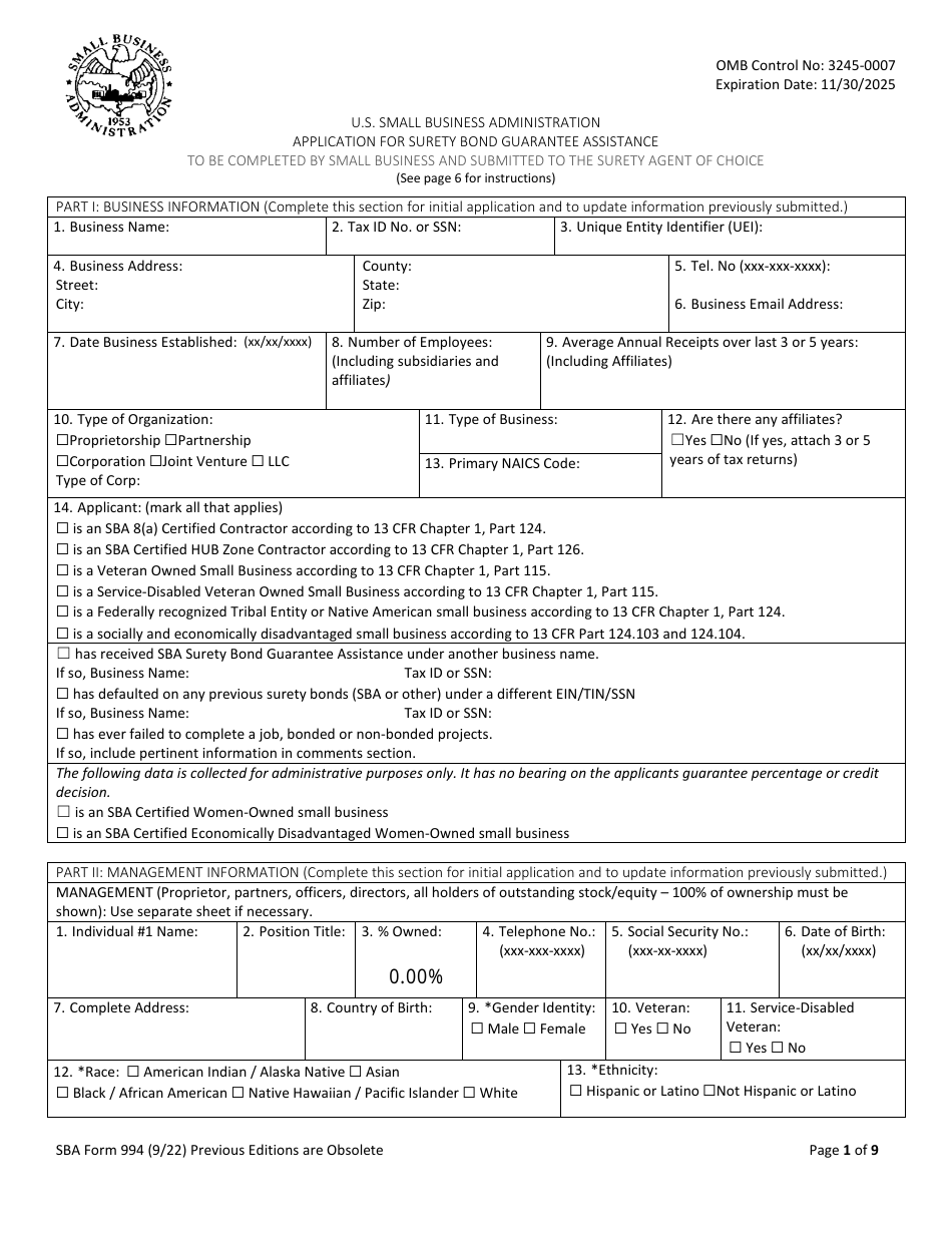 SBA Form 994 Application for Surety Bond Guarantee Assistance, Page 1