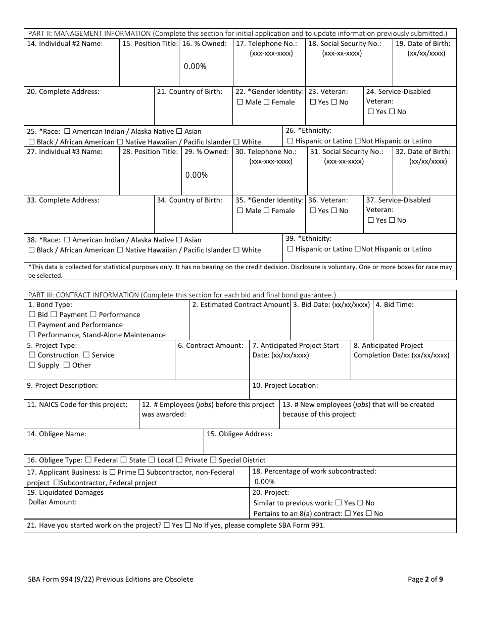 SBA Form 994 Download Fillable PDF or Fill Online Application for ...