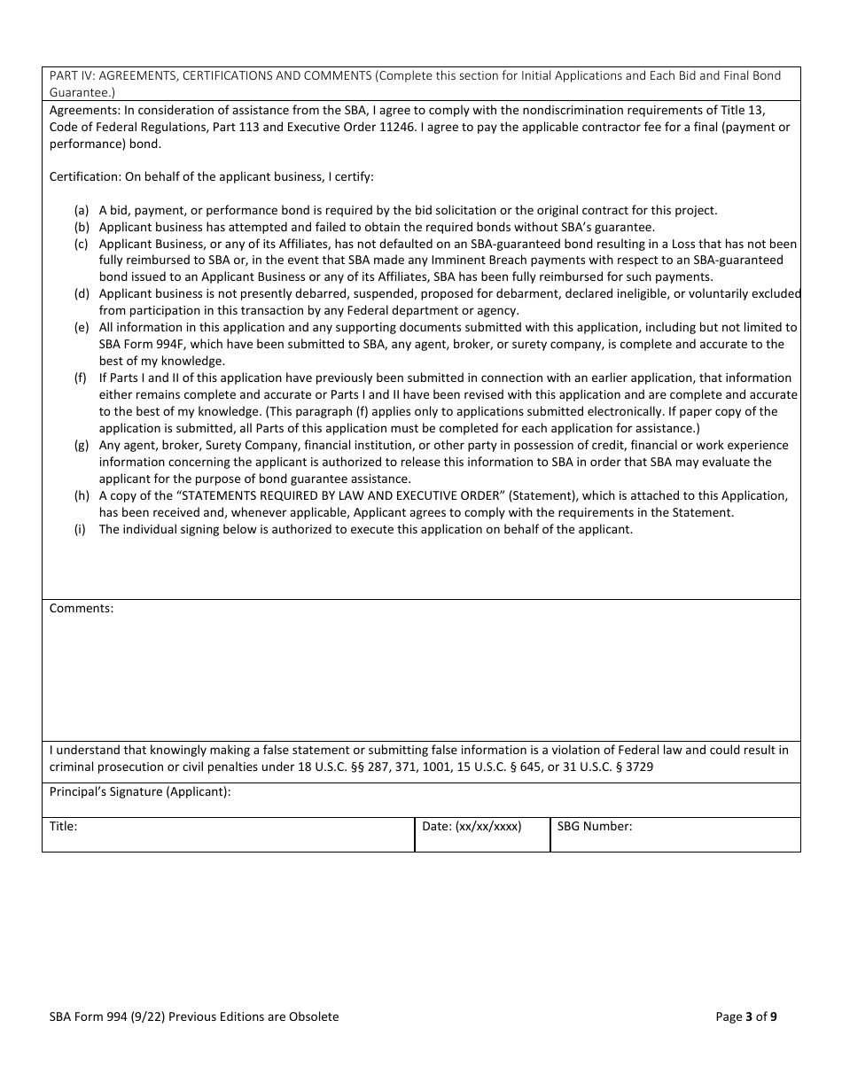 SBA Form 994 Application for Surety Bond Guarantee Assistance, Page 3