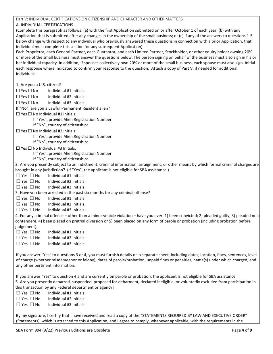 SBA Form 994 Application for Surety Bond Guarantee Assistance, Page 4