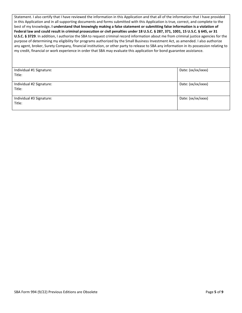 SBA Form 994 Application for Surety Bond Guarantee Assistance, Page 5