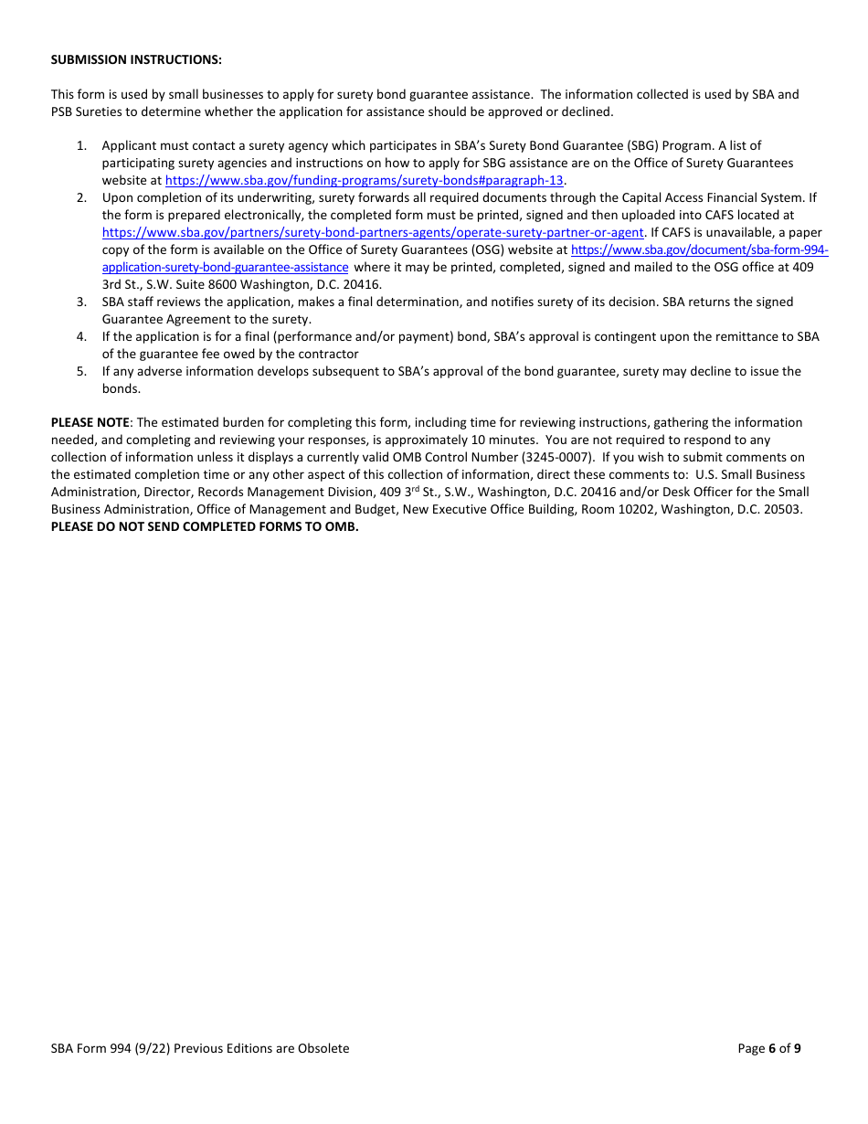 SBA Form 994 Application for Surety Bond Guarantee Assistance, Page 6