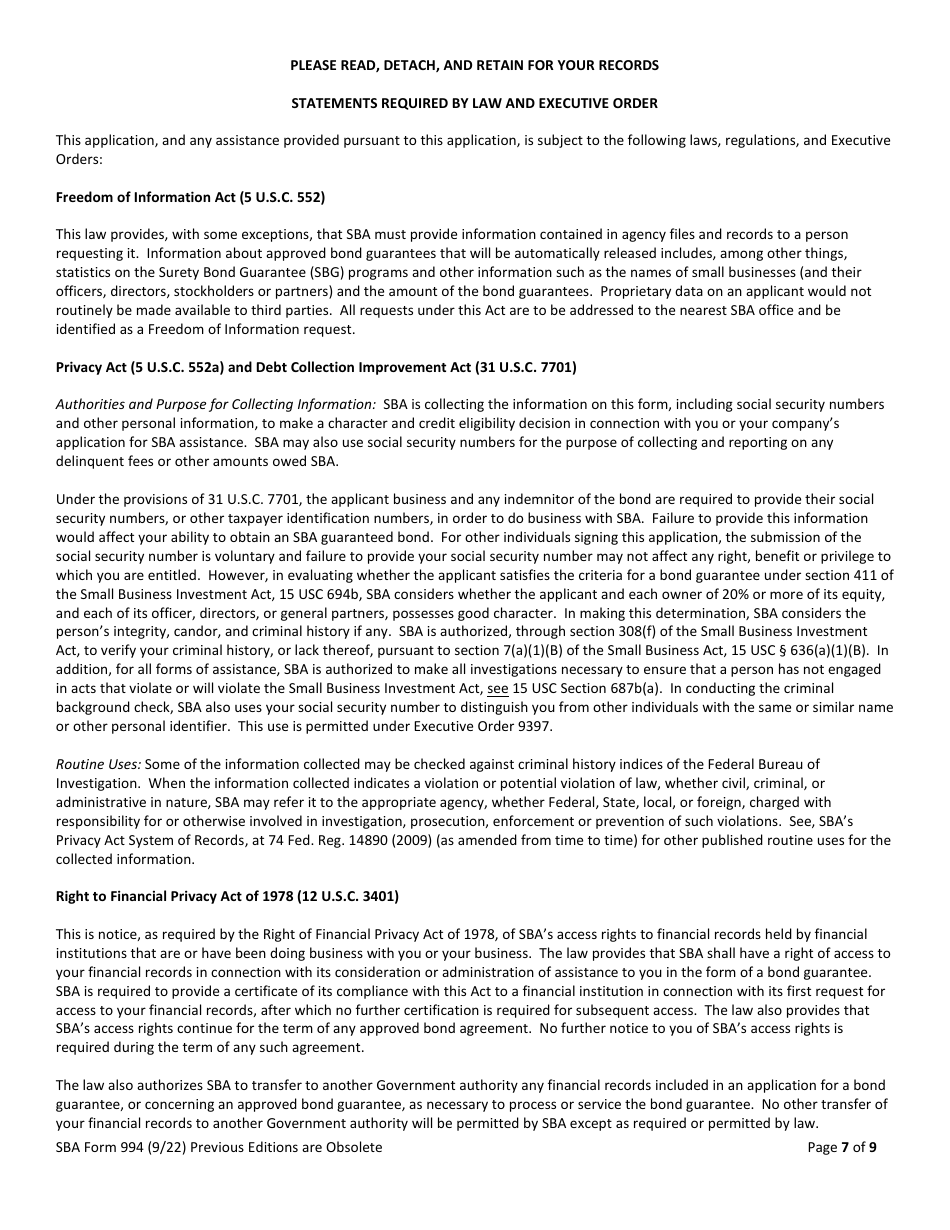 SBA Form 994 Application for Surety Bond Guarantee Assistance, Page 7