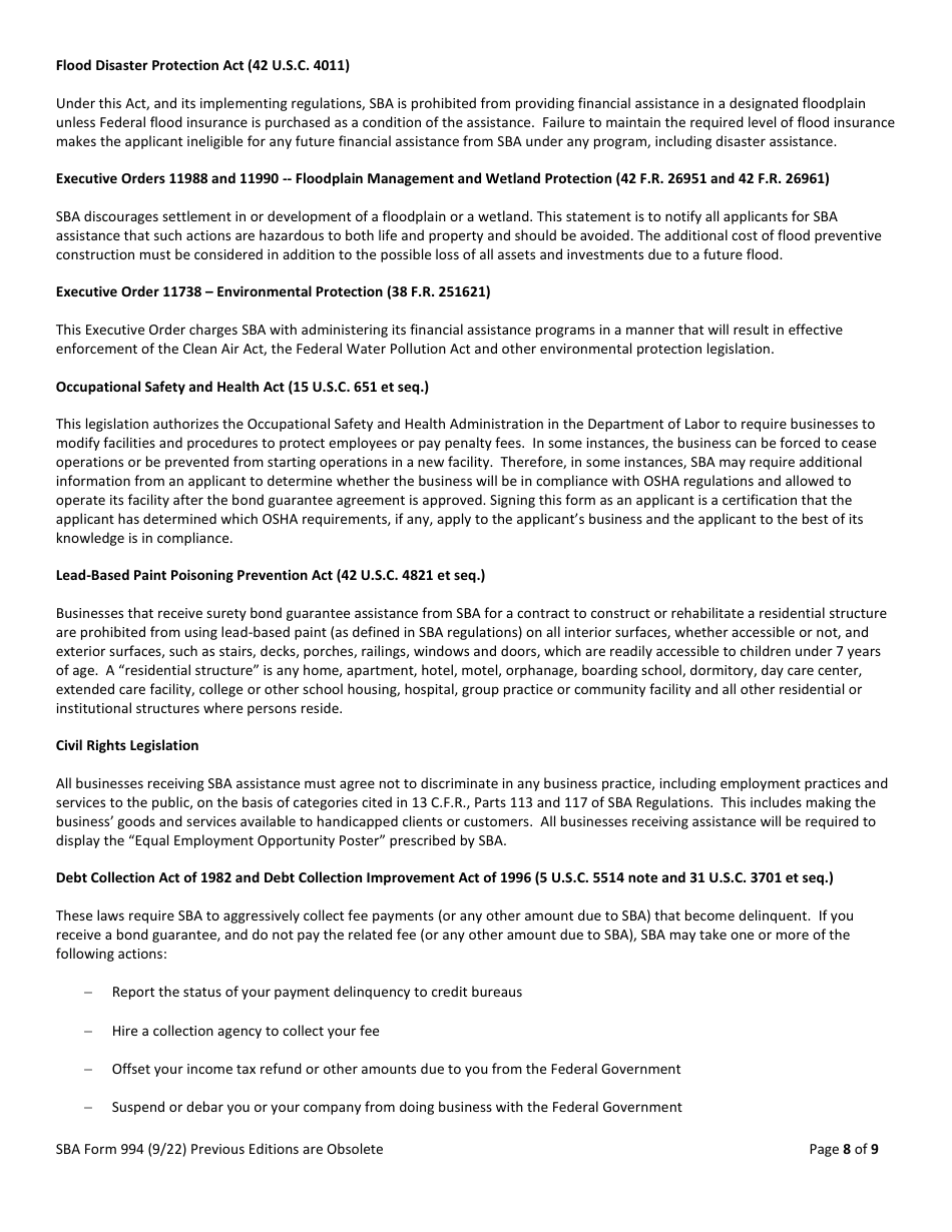 SBA Form 994 Application for Surety Bond Guarantee Assistance, Page 8