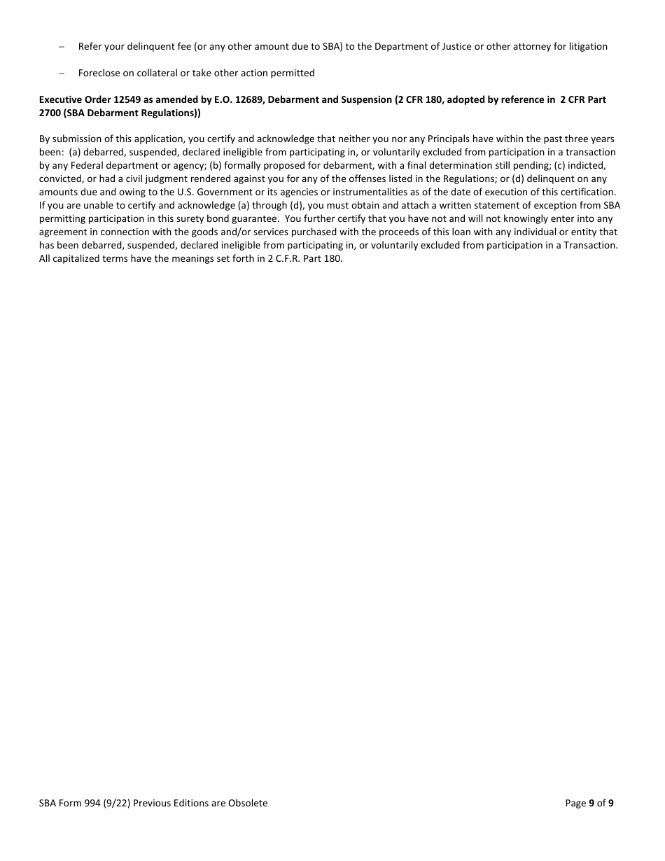 SBA Form 994 Application for Surety Bond Guarantee Assistance, Page 9