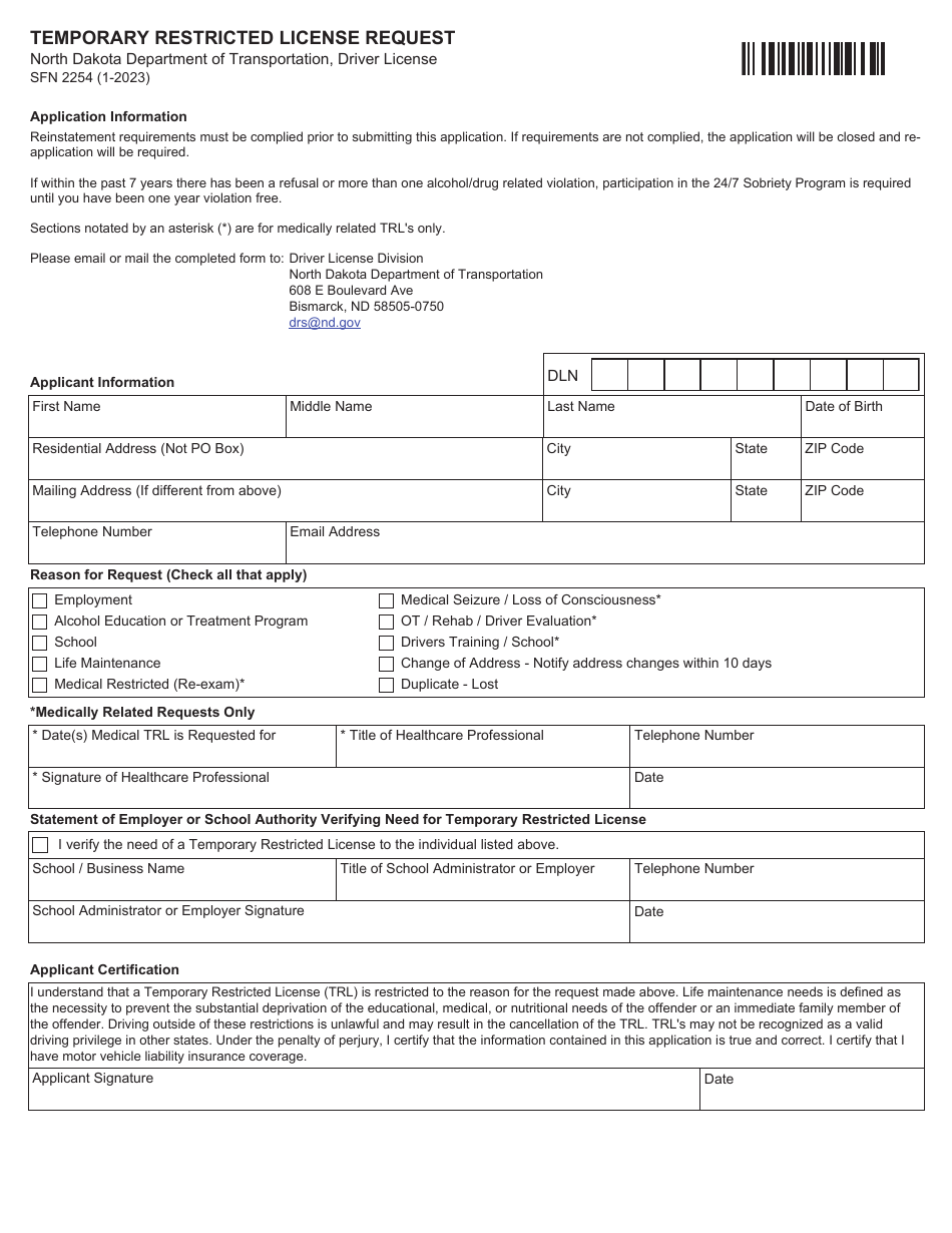 Form Sfn2254 Download Fillable Pdf Or Fill Online Temporary Restricted License Request North 3573