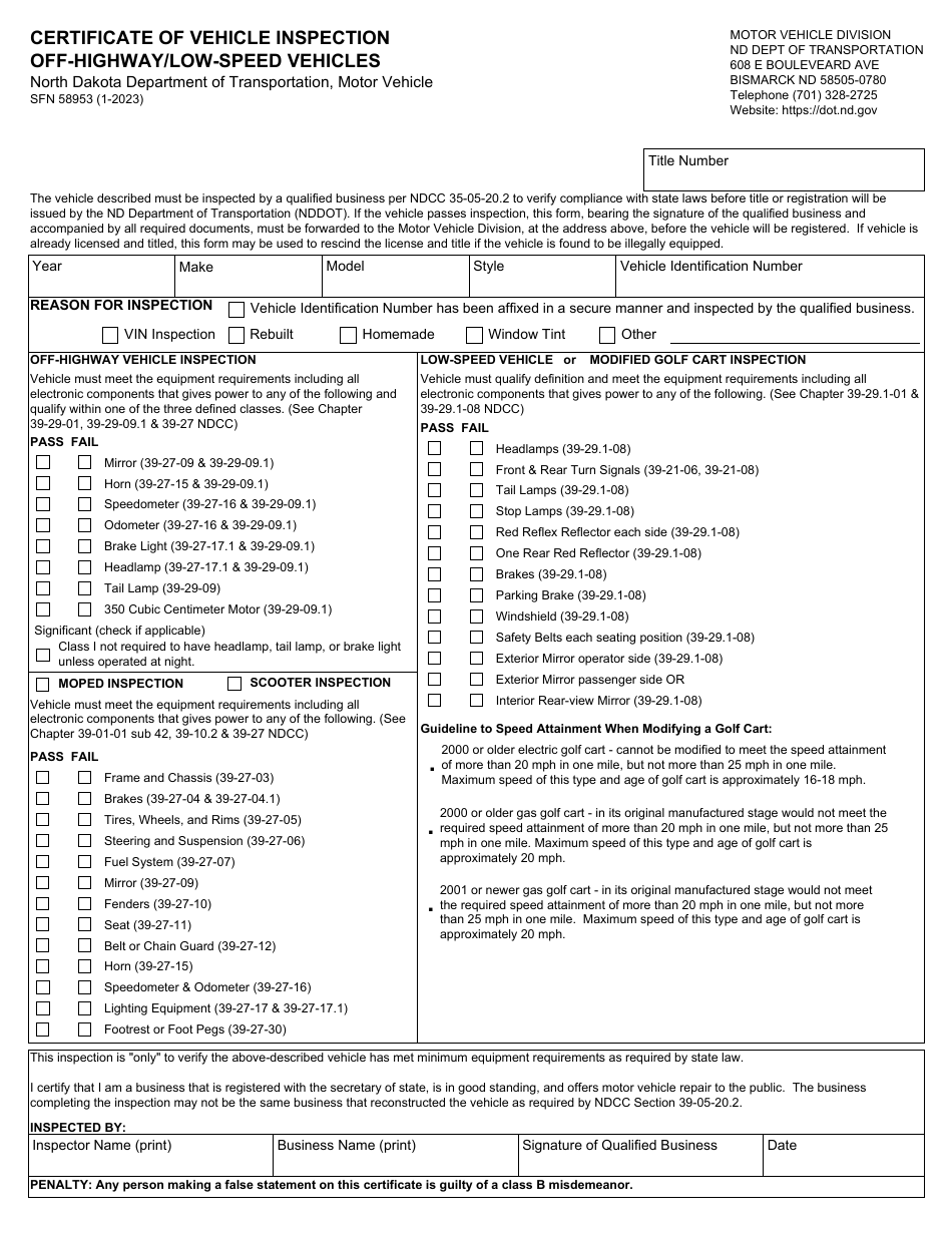 Form SFN58953 Download Fillable PDF or Fill Online Certificate of