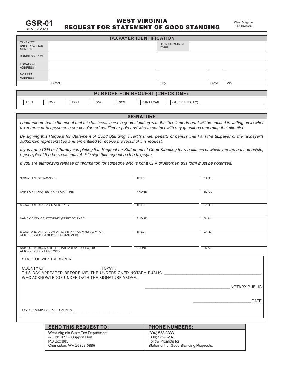 Form GSR-01 West Virginia Request for Statement of Good Standing - West Virginia, Page 1